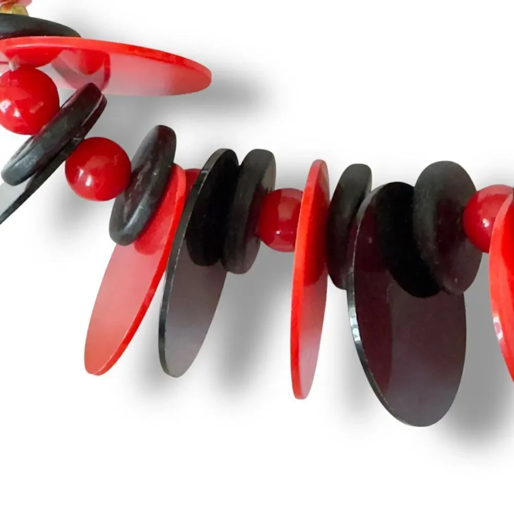 Vintage Geometric 80s Black & Red Acrylic 16” Wooden Disc Bead Choker Necklace